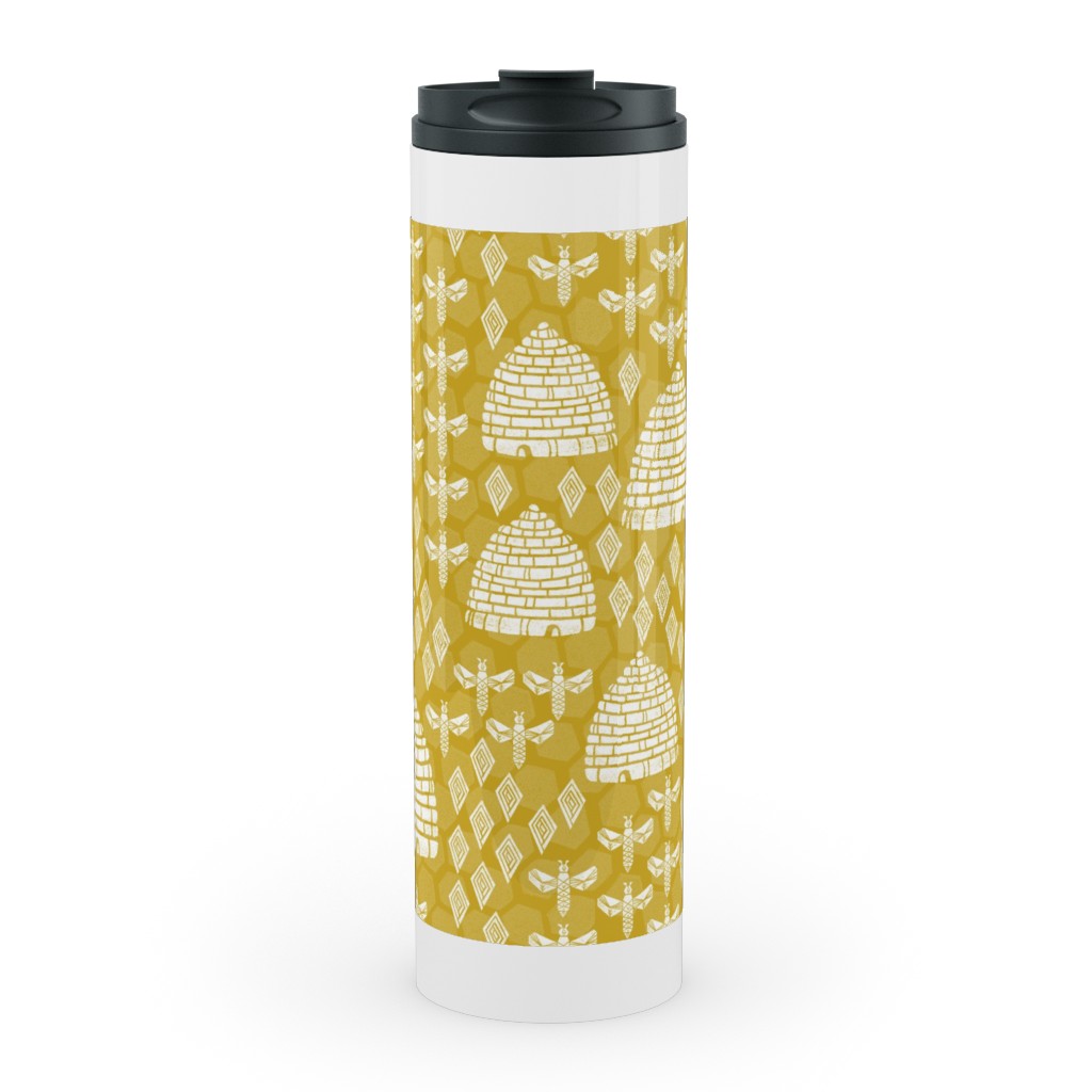 Bee Hives, Spring Florals Linocut Block Printed - Golden Yellow Stainless Mug, White,  , 20oz, Yellow