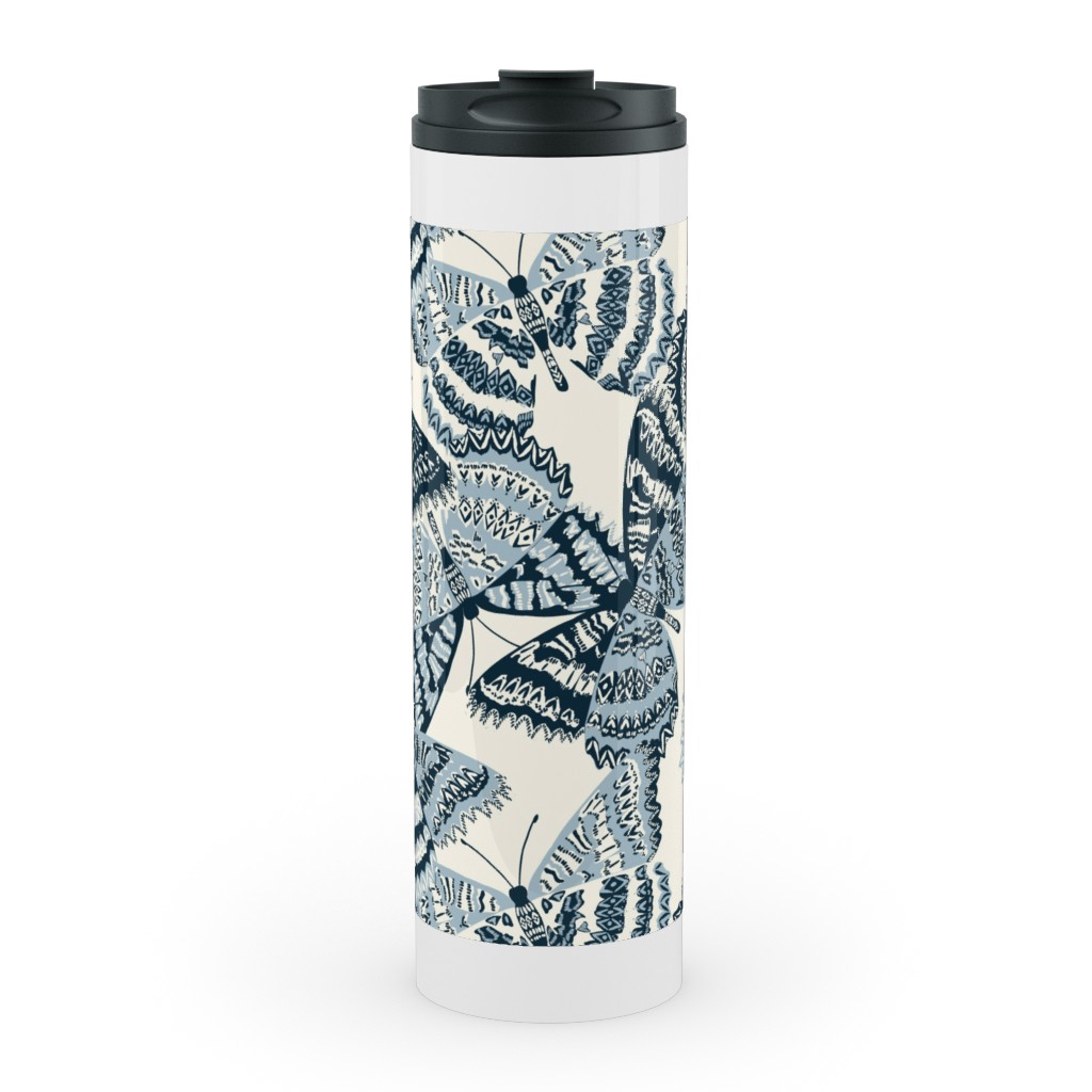 Butterfly - Hand Drawn - Blue Stainless Mug, White,  , 20oz, Blue