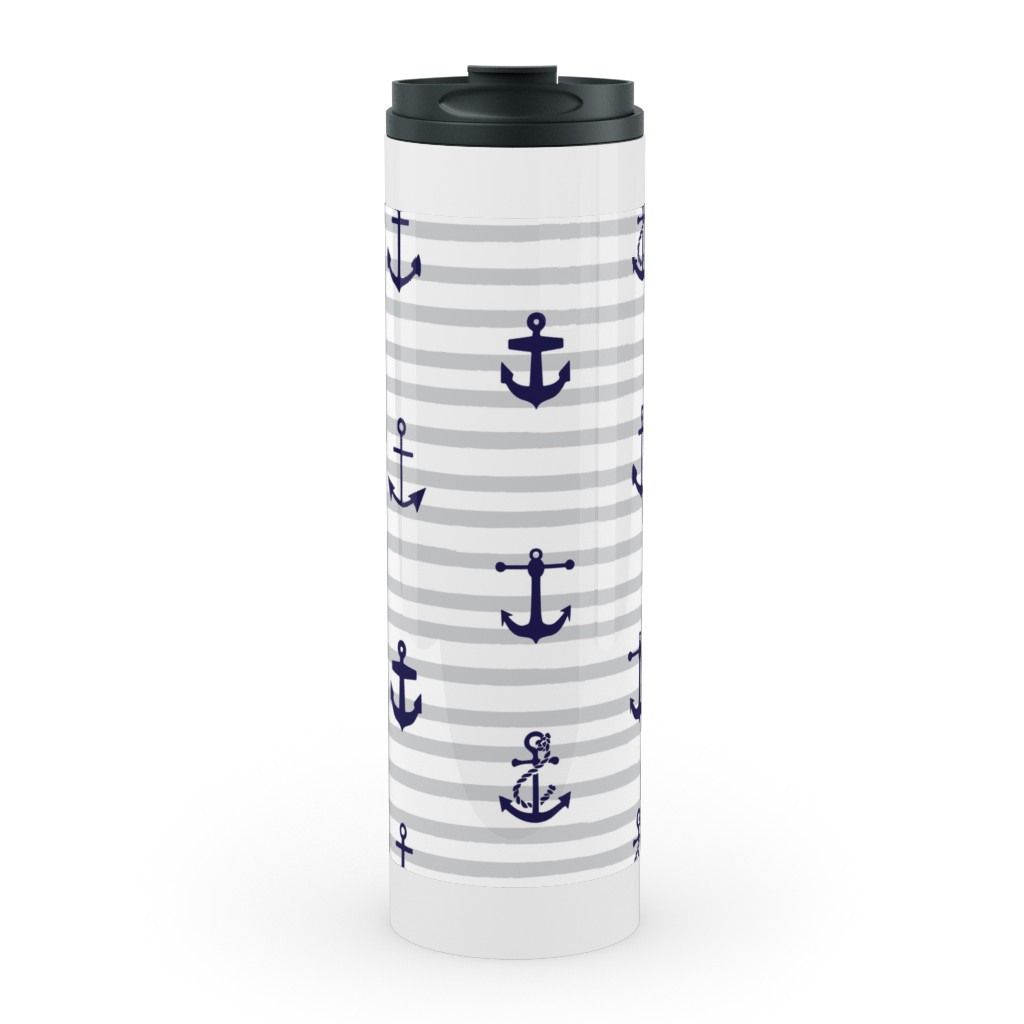 Anchors Away - Black on Gray Stripes Stainless Mug, White, , 20oz, Gray, Gray