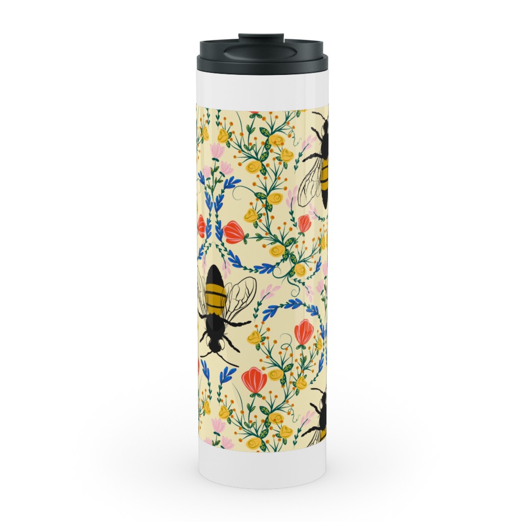 Bee Garden - Multi on Cream Stainless Mug, White, , 20oz, Yellow, Classic Yellow