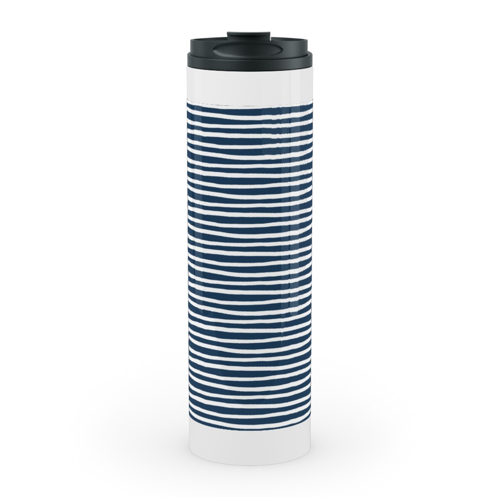 Navy Blue and White Stripes Stainless Mug, White,  , 20oz, Blue