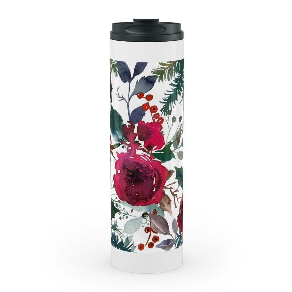 Holiday Florals Red on White Stainless Mug, White,  , 20oz, Multicolor