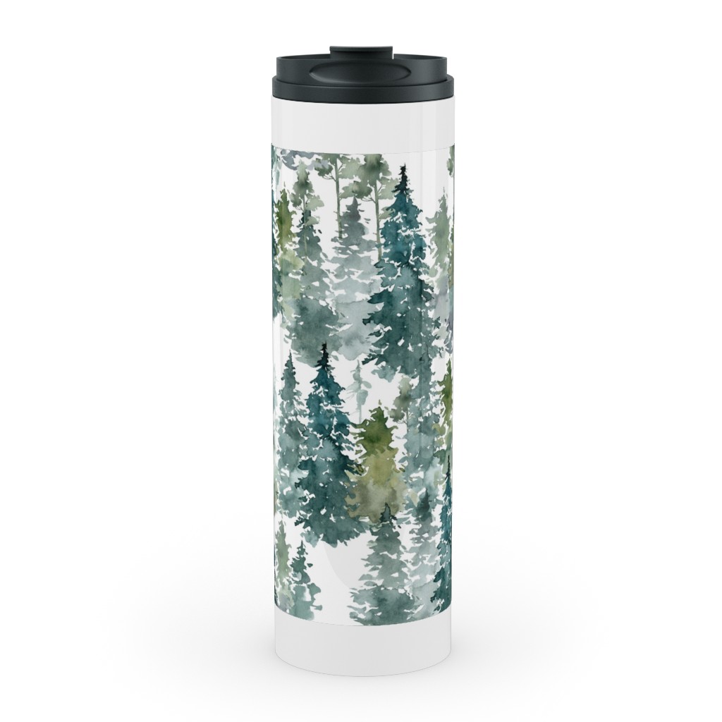 Woodland Trees Watercolor - White Stainless Mug, White, , 20oz, Green, Classic Green