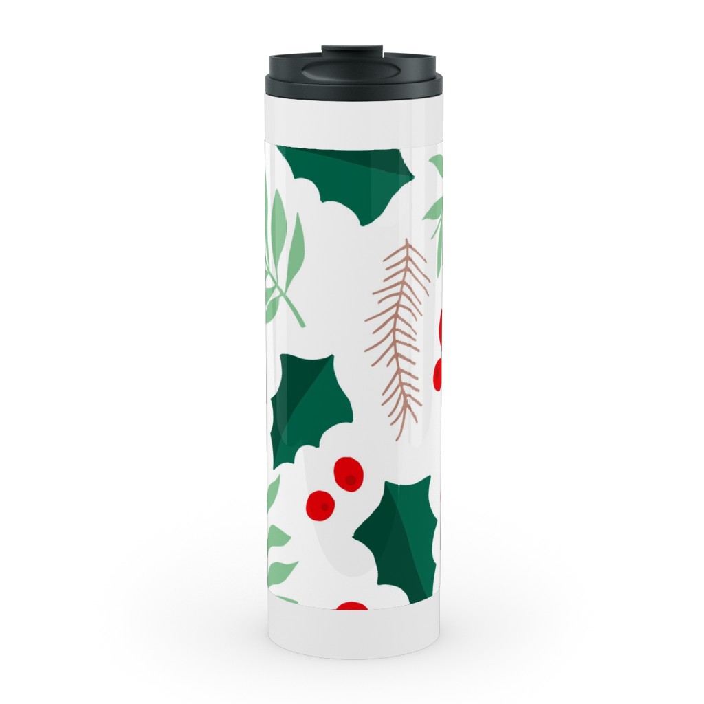 Botanical Christmas Garden Pine Leaves Holly Branch Berries - Green and Red Stainless Mug, White,  , 20oz, Green