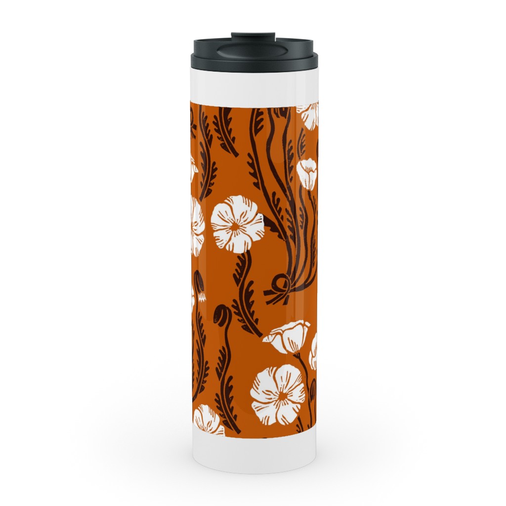 Poppy, Fall Harvest Block Printed Vintage Florals Stainless Mug, White, , 20oz, Orange, Orange