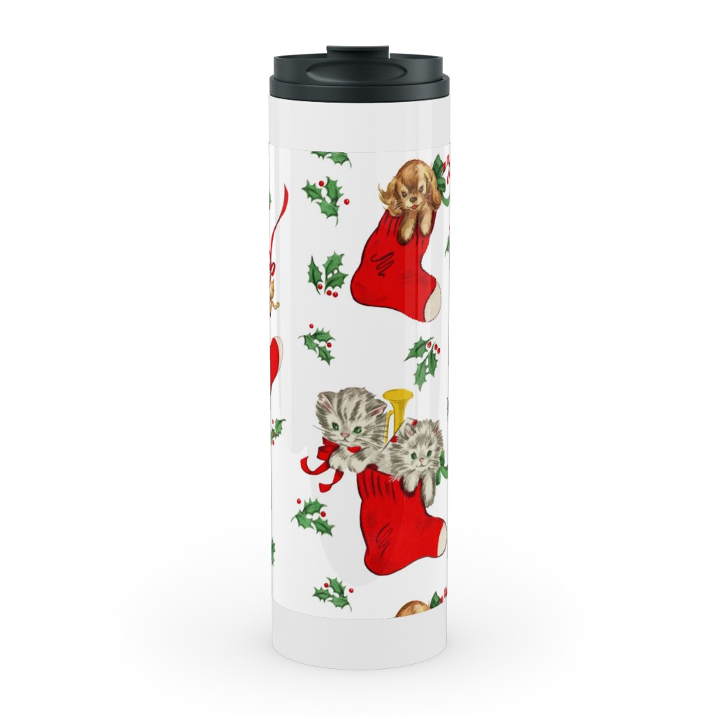 Vintage Christmas Kittens and Puppies Stainless Mug, White, , 20oz, Multicolor