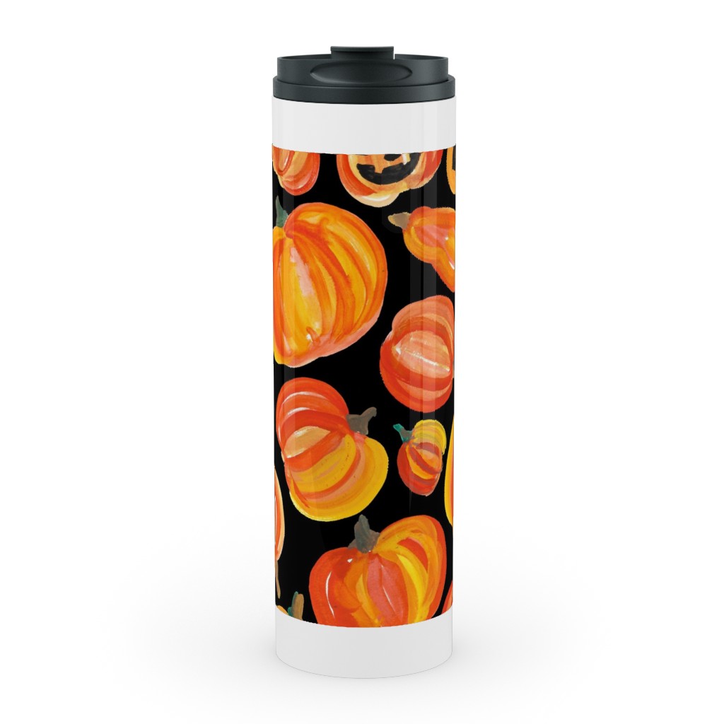 Watercolor Pumpkins - Black Stainless Mug, White,  , 20oz, Orange