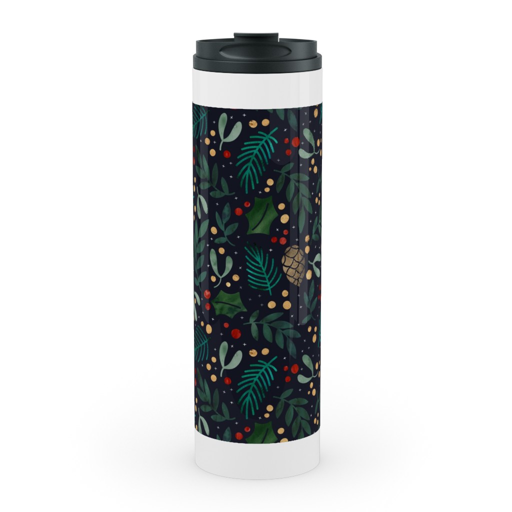 Christmas Florals - Dark Green Stainless Mug, White, , 20oz, Green, Classic Green