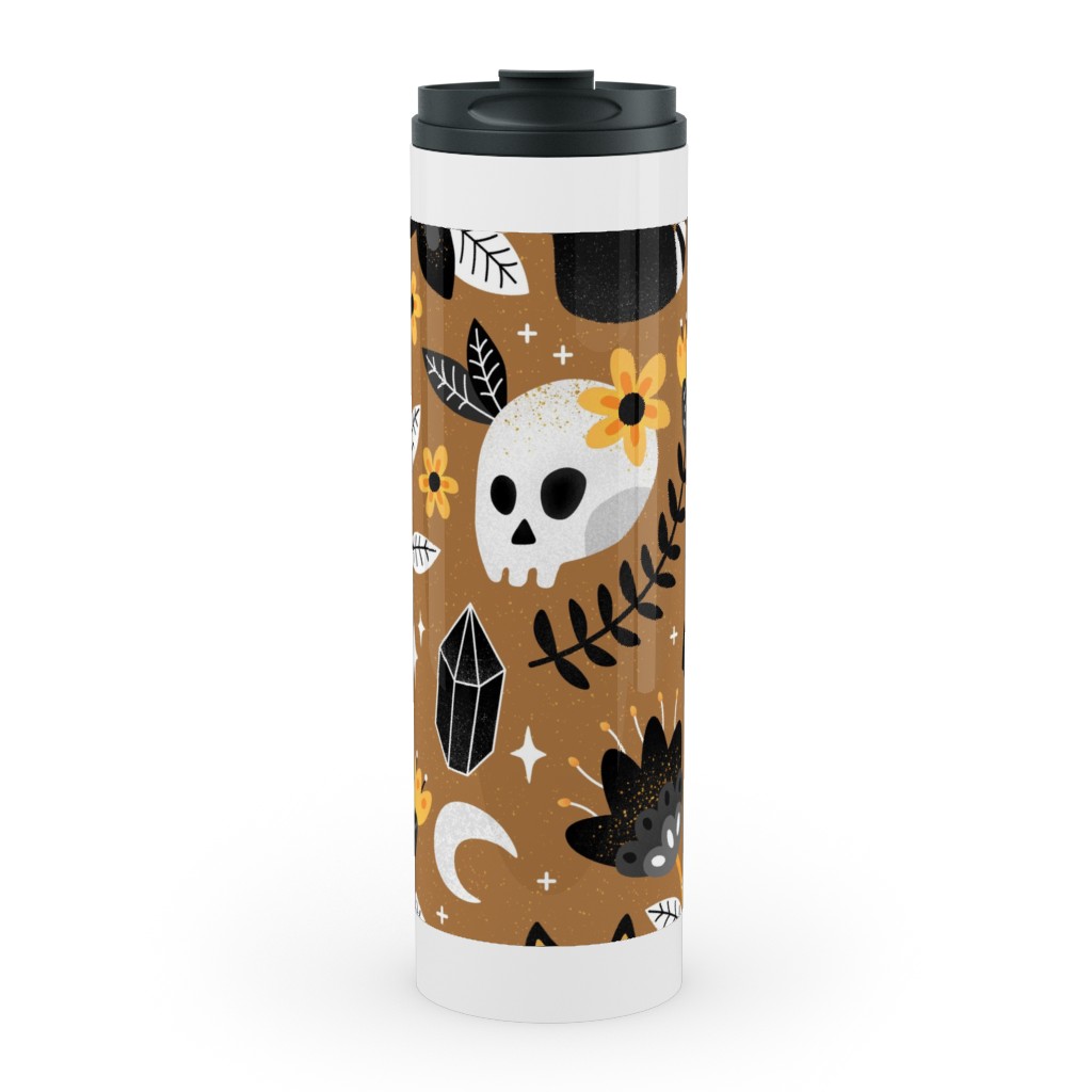 Black Cat & Floral Skull Stainless Mug, White,  , 20oz, Brown