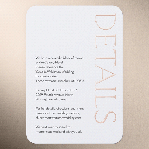Gleaming Headline Wedding Enclosure Card, White, Rose Gold Foil, Personalized Foil Cardstock