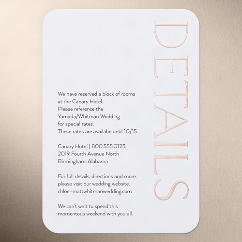 Gleaming Headline Wedding Enclosure Card, White, Rose Gold Foil, Personalized Foil Cardstock, White