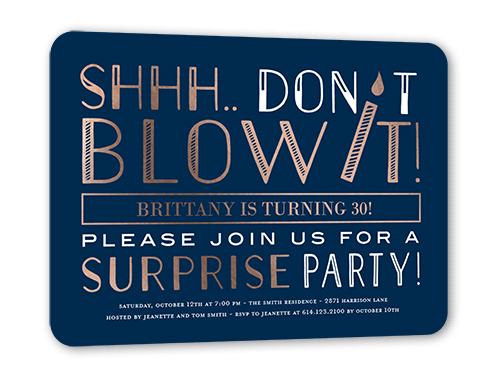 Surprise Candle Birthday Invitation, Blue, Rose Gold Foil, 5x7, Matte, Personalized Foil Cardstock, Rounded
