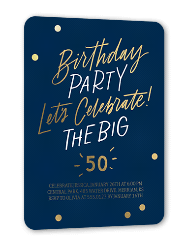 Big One Birthday Invitation, Gold Foil, Blue, 5x7, Matte, Personalized Foil Cardstock, Rounded
