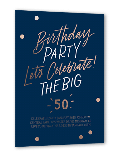 Big One Birthday Invitation, Blue, Rose Gold Foil, 5x7, Matte, Personalized Foil Cardstock, Square