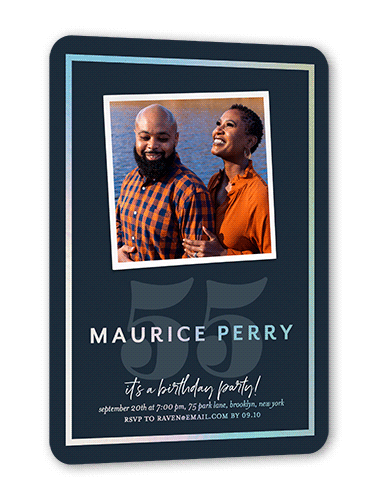 Gilded Framing Birthday Invitation, Iridescent Foil, Blue, 5x7, Matte, Personalized Foil Cardstock, Rounded