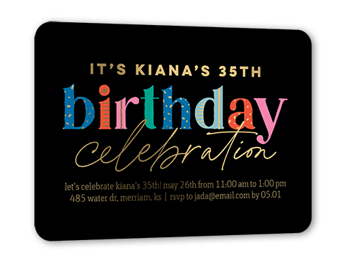 Delightful Decorations Birthday Invitation, Gold Foil, Black, 5x7, Matte, Personalized Foil Cardstock, Rounded