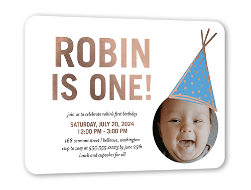 Captivating Cap Birthday Invitation, White, Rose Gold Foil, 5x7, Matte, Personalized Foil Cardstock, Rounded, White