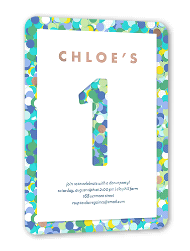 Sprinkled Spots Birthday Invitation, Blue, Rose Gold Foil, 5x7, Matte, Personalized Foil Cardstock, Rounded, White