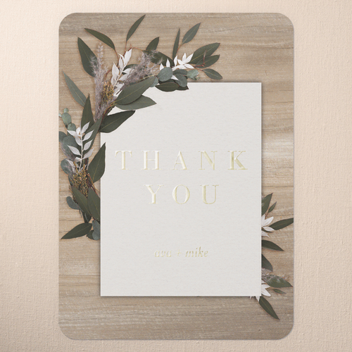 Rustic Foliage Wedding Thank You, Gold Foil, Beige, 5x7, Matte, Personalized Foil Cardstock, Rounded, Tan