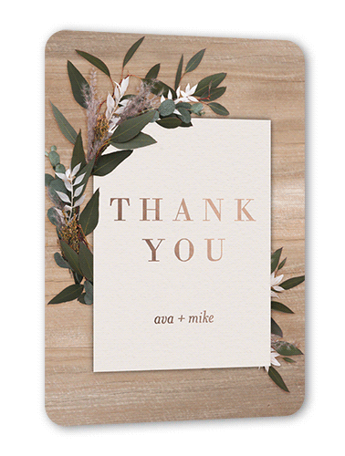 Rustic Foliage Wedding Thank You, Beige, Rose Gold Foil, 5x7, Matte, Personalized Foil Cardstock, Rounded
