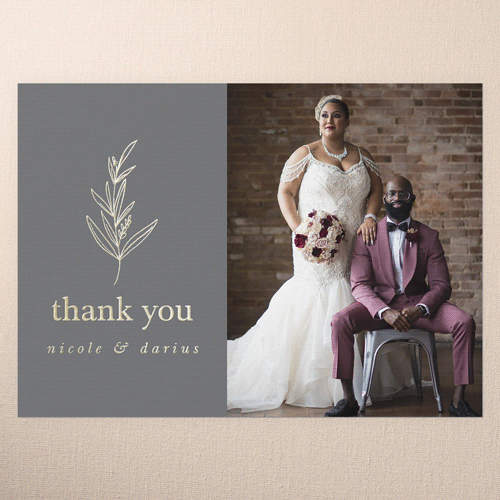 Sweet Leaf Wedding Thank You, Gold Foil, Grey, 5x7, Matte, Personalized Foil Cardstock, Square, Steel