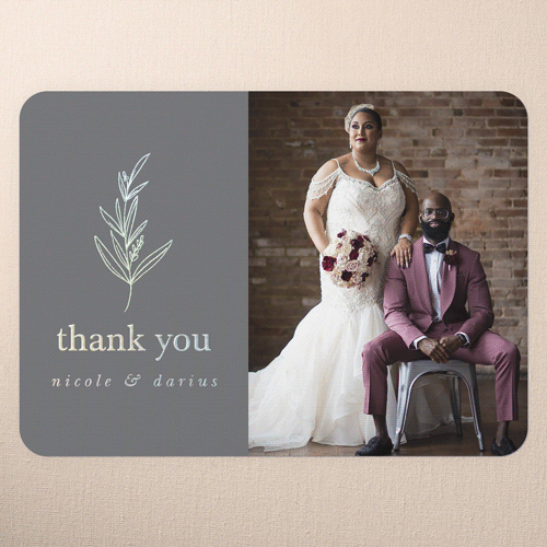 Sweet Leaf Wedding Thank You, Grey, Iridescent Foil, 5x7, Matte, Personalized Foil Cardstock, Rounded, Steel
