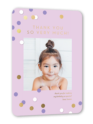 Shimmering Spots Thank You Card, Gold Foil, Purple, 5x7, Matte, Personalized Foil Cardstock, Rounded