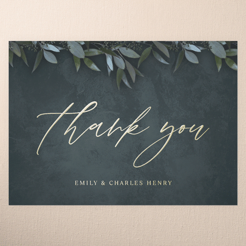 Laurel Embrace Wedding Thank You Card, Gold Foil, Green, 5x7, Matte, Personalized Foil Cardstock, Square, Leafy