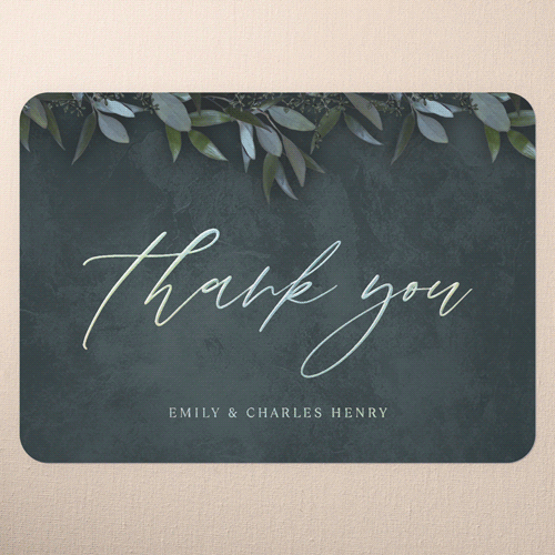 Laurel Embrace Wedding Thank You Card, Green, Iridescent Foil, 5x7, Matte, Personalized Foil Cardstock, Rounded, Leafy