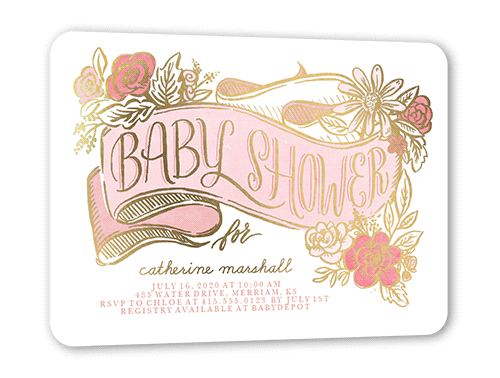 Gilded Flourish Baby Shower Invitation, Gold Foil, Pink, 5x7, Matte, Personalized Foil Cardstock, Rounded, Honeysuckle