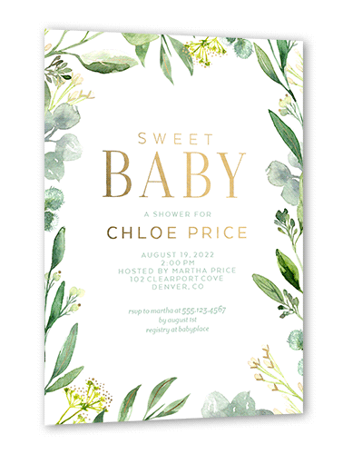 Sweet Floral Baby Shower Invitation, Gold Foil, White, 5x7, Matte, Personalized Foil Cardstock, Square, White
