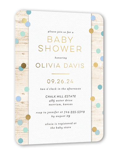 Dotted Trail Baby Shower Invitation, Blue, Gold Foil, 5x7, Matte, Personalized Foil Cardstock, Rounded, Summer Whisper