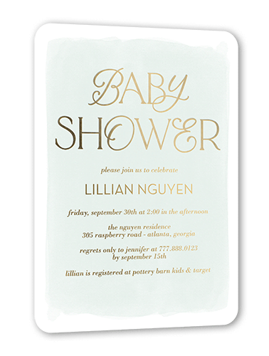 Baby Flourish Baby Shower Invitation, Green, Gold Foil, 5x7, Matte, Personalized Foil Cardstock, Rounded, Basil
