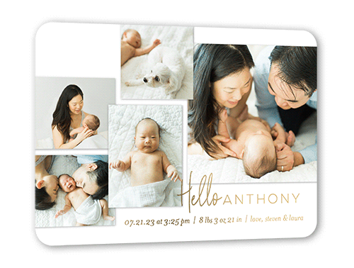 Shining Gallery Birth Announcement, Gold Foil, White, 5x7, Matte, Personalized Foil Cardstock, Rounded