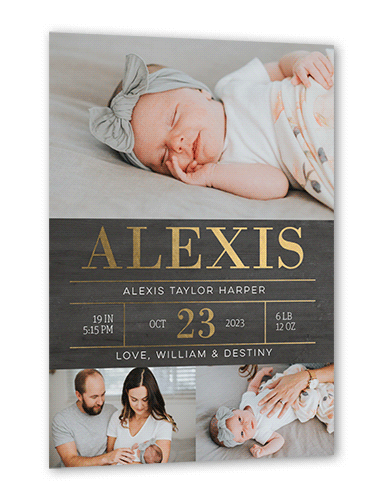Radiant Stats Birth Announcement, Gray, Gold Foil, 5x7, Matte, Personalized Foil Cardstock, Square