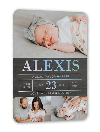 Radiant Stats Birth Announcement, Gray, Iridescent Foil, 5x7, Matte, Personalized Foil Cardstock, Rounded