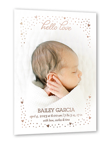 Starry Hearts Birth Announcement, Rose Gold Foil, White, 5x7, Matte, Personalized Foil Cardstock, Square