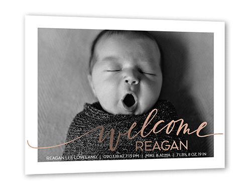 Cursive Welcome Birth Announcement, White, Rose Gold Foil, 5x7, Matte, Personalized Foil Cardstock, Square