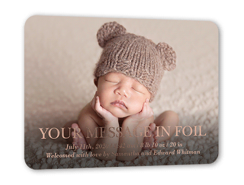 Custom Message Birth Announcement, Black, Rose Gold Foil, 5x7, Matte, Personalized Foil Cardstock, Rounded