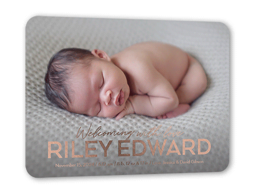 Grand Type Birth Announcement, White, Rose Gold Foil, 5x7, Matte, Personalized Foil Cardstock, Rounded, White
