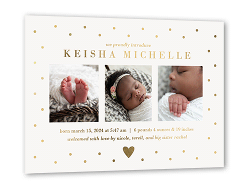 Dotted Love Birth Announcement, Beige, Gold Foil, 5x7, Matte, Personalized Foil Cardstock, Square, Wheat