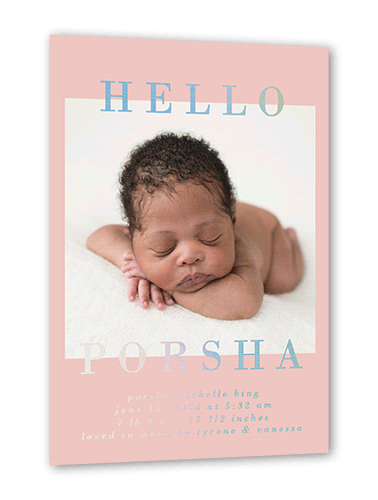 Framed Hello Birth Announcement, Pink, Iridescent Foil, 5x7, Matte, Personalized Foil Cardstock, Square, Ballet Slipper