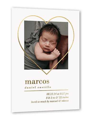 Welcome Heart Birth Announcement, Gold Foil, Grey, 5x7, Matte, Personalized Foil Cardstock, Square, Whisper Gray