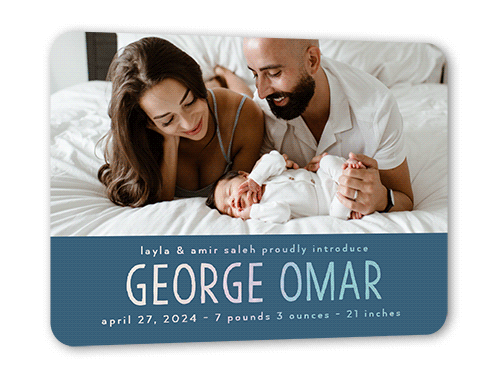 Bright Welcome Birth Announcement, Iridescent Foil, Blue, 5x7, Matte, Personalized Foil Cardstock, Rounded