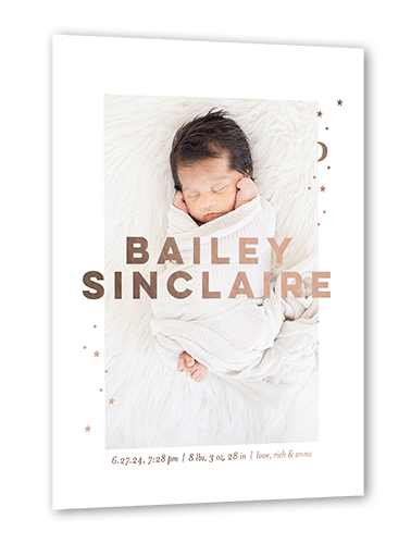 Ornate Stars Birth Announcement, White, Rose Gold Foil, 5x7, Matte, Personalized Foil Cardstock, Square, White