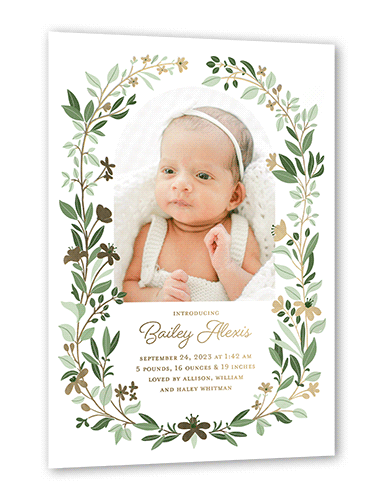 Grown Frame Birth Announcement, Gold Foil, White, 5x7, Matte, Personalized Foil Cardstock, Square