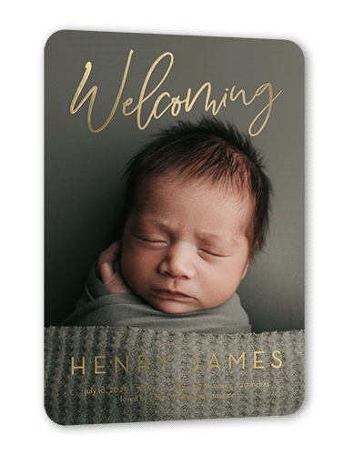 Gleaming Welcome Birth Announcement, White, Gold Foil, 5x7, Matte, Personalized Foil Cardstock, Rounded