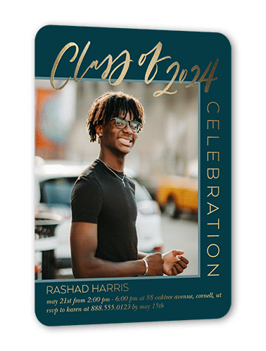 Modern Mix Graduation Invitation, Gold Foil, Blue, 5x7, Matte, Personalized Foil Cardstock, Rounded