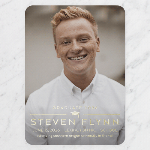 Modern Line Grad Graduation Announcement, White, Gold Foil, 5x7, Write Your Own, Matte, Personalized Foil Cardstock, Rounded, White