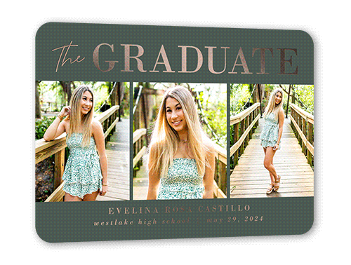 Shining Style Graduation Announcement, Green, Rose Gold Foil, 5x7, Matte, Personalized Foil Cardstock, Rounded